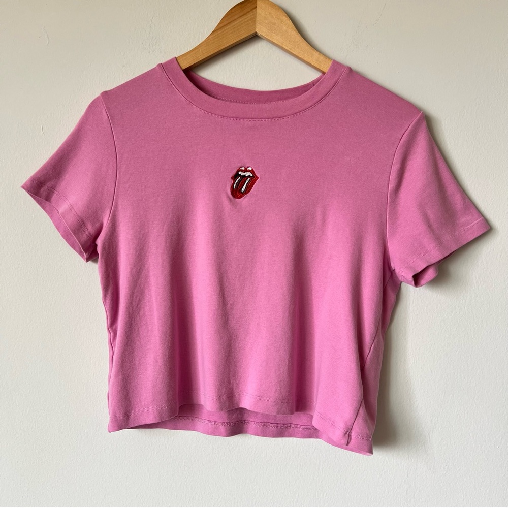The Rolling Stones Official Embroidered Tongue Pink Cotton On Crop Tee Sz M
